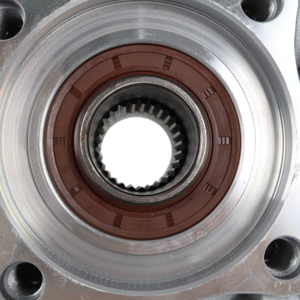 Rear differential gear case close-up of inner splined hub with brown seal and metal ring
