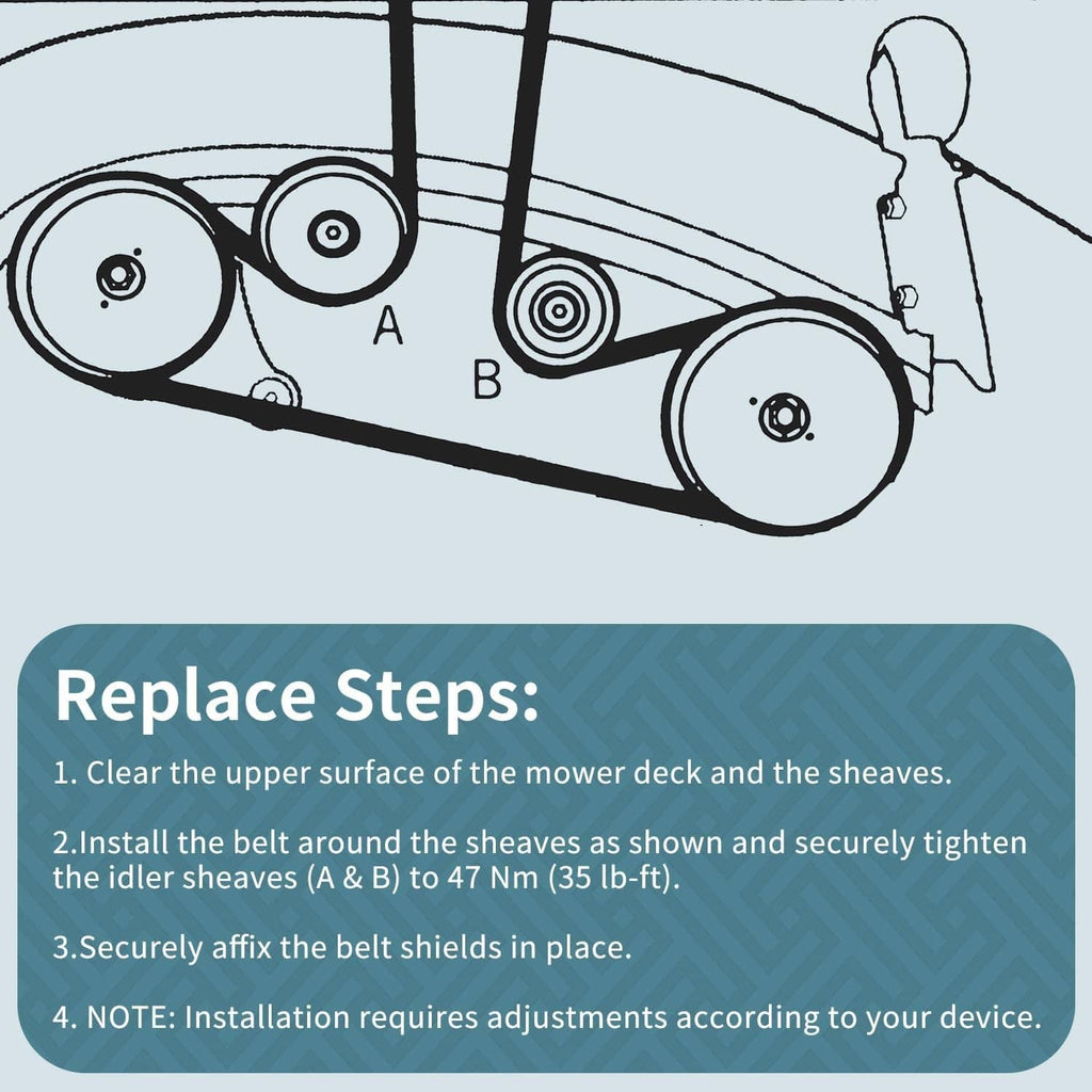 Gray lawn mower deck drive belt shown with pulley routing diagram