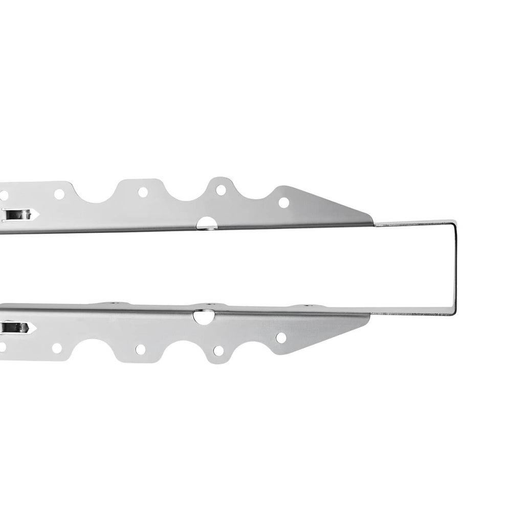 Steel beam hanger bracket with long base plate and row of mounting holes