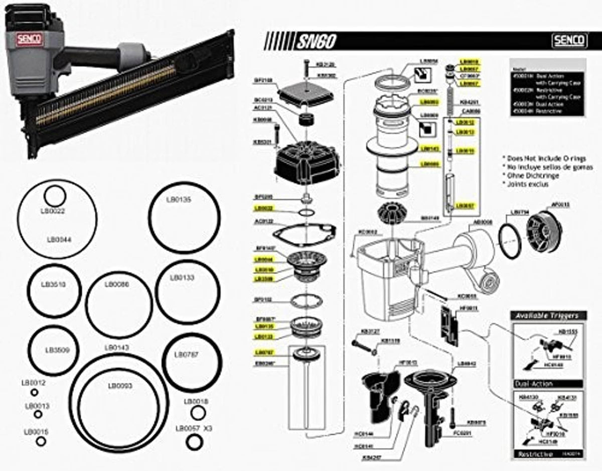 Senco SN60 O-ring replacement rebuild kit with exploded diagram and circular seal rings