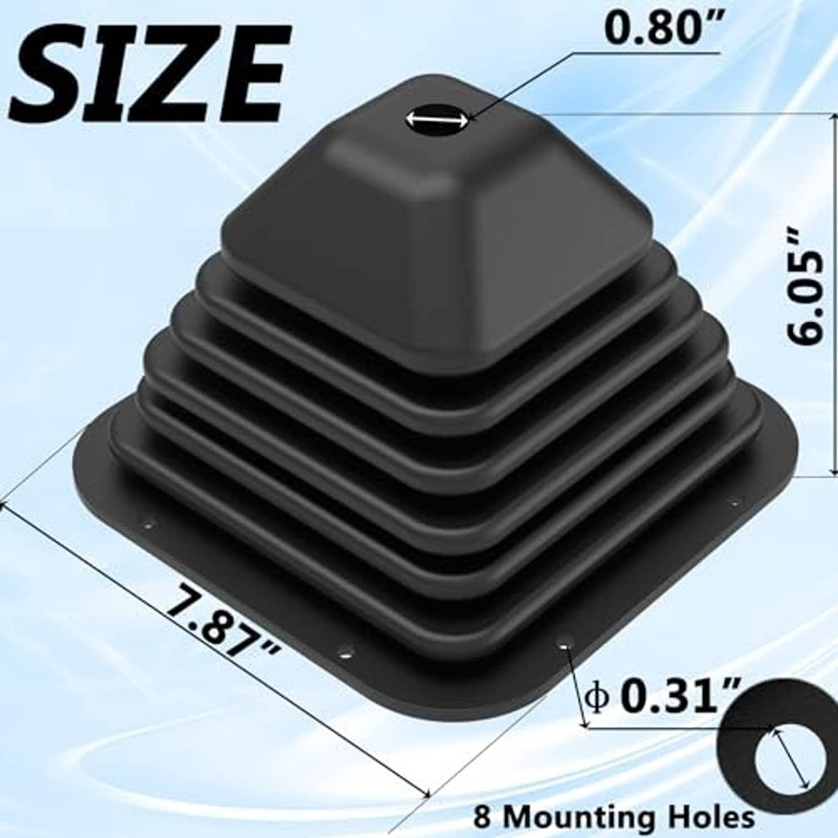 Black shift boot cover shown with 8 mounting holes and stacked pleats