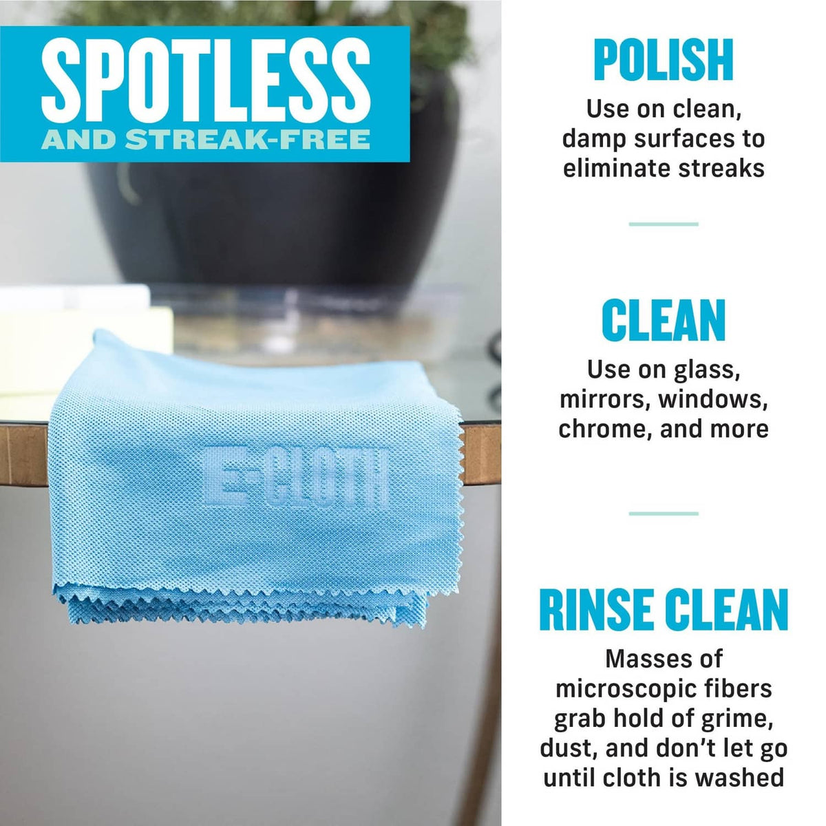 E-Cloth microfiber polishing cloth, light blue cloth folded with stitched edge