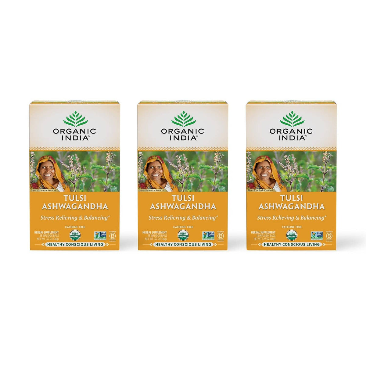 Organic India Tulsi Ashwagandha herbal tea boxes, 3-pack set of cartons.