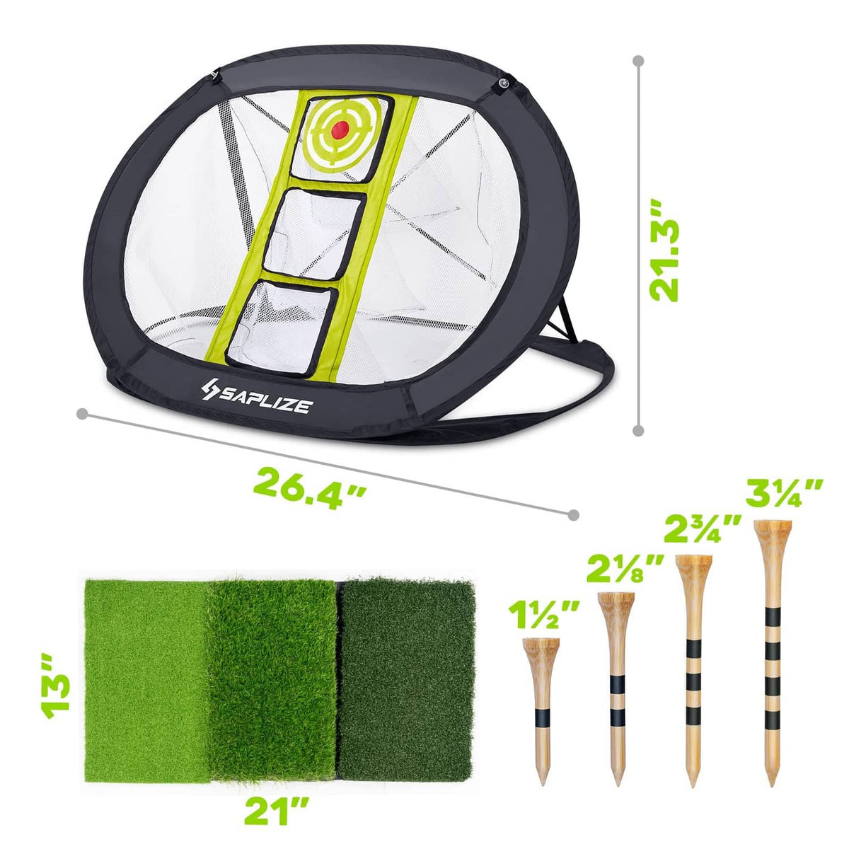 SAPLIZE golf chipping net with neon target panel, turf mat pieces, balls, and tees