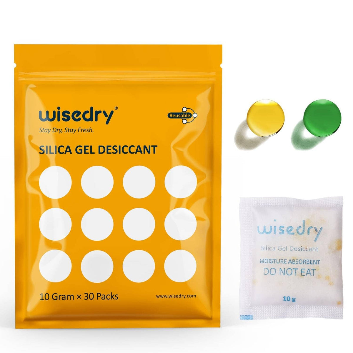 Wisedry silica gel desiccant packets in orange sealed pouch and small sachet