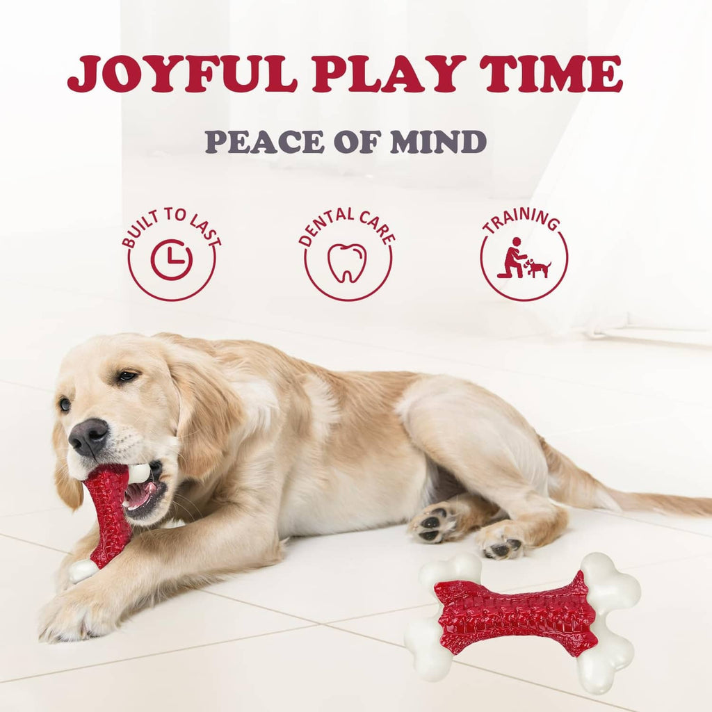 Red and white bone-shaped dog chew toy with textured center