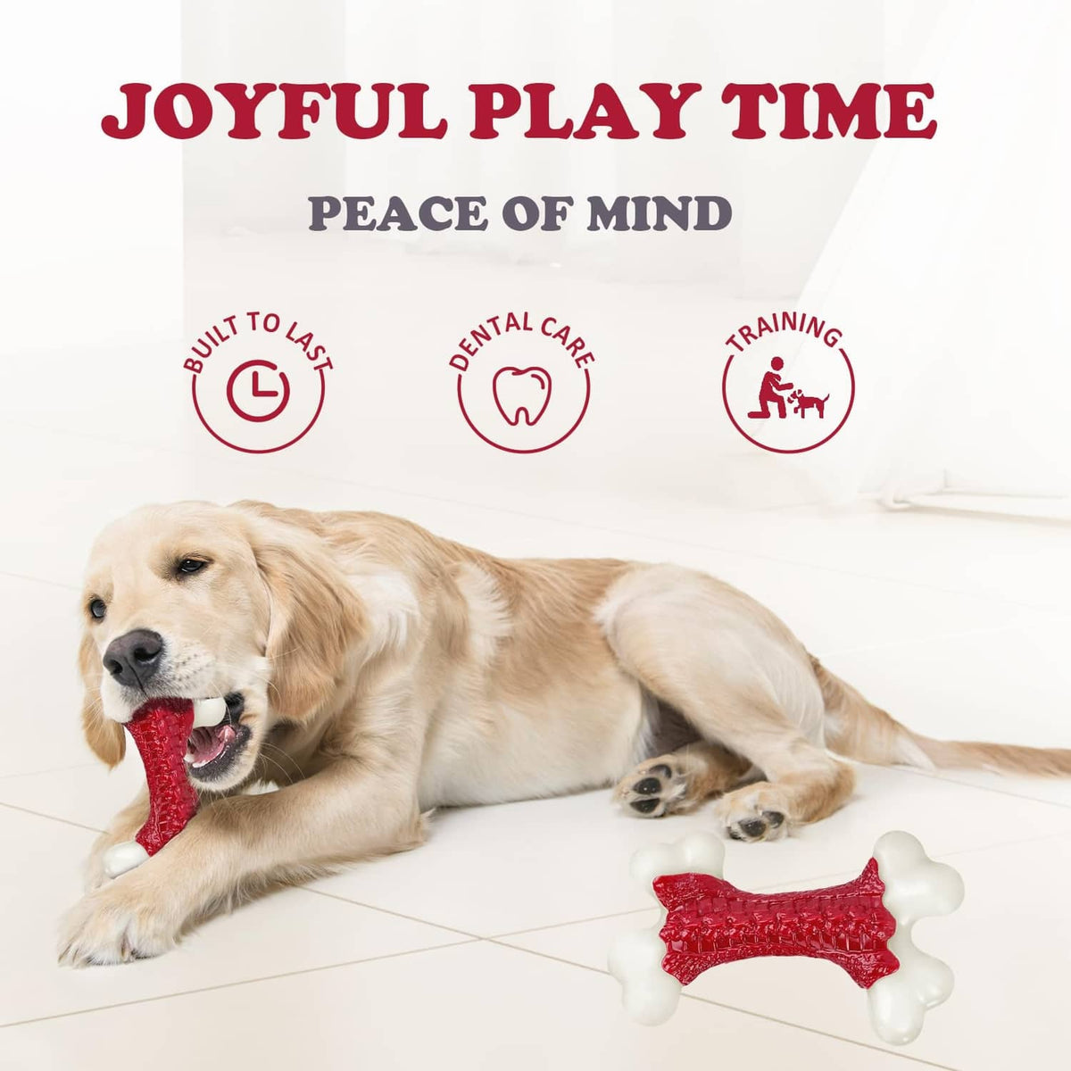 Red and white bone-shaped dog chew toy with textured center