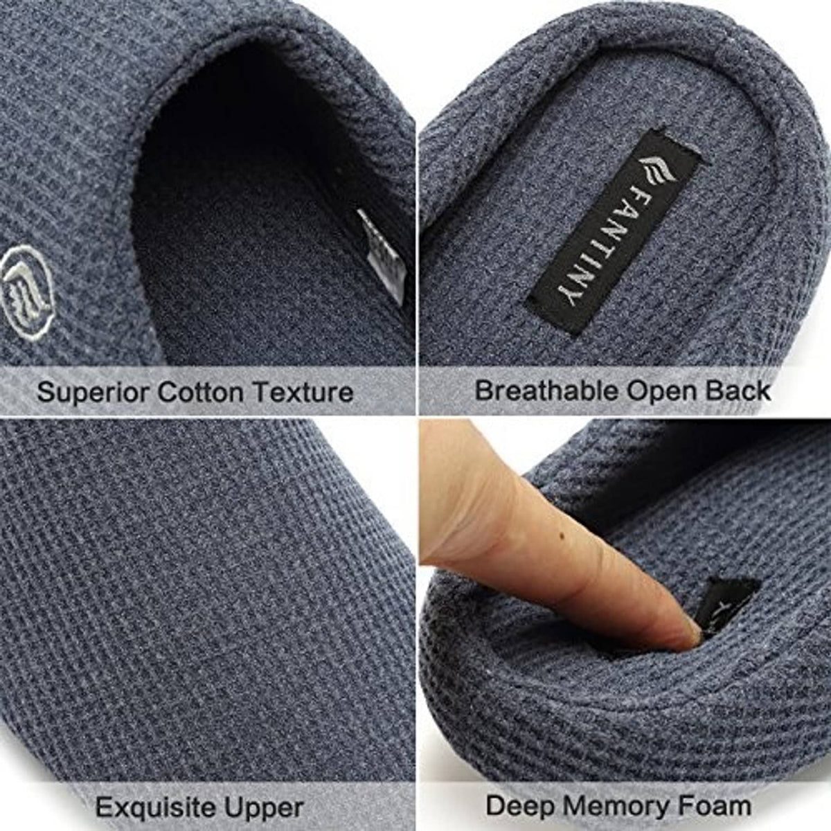 Navy-blue knit slipper close-up with breathable open back and deep memory foam padding