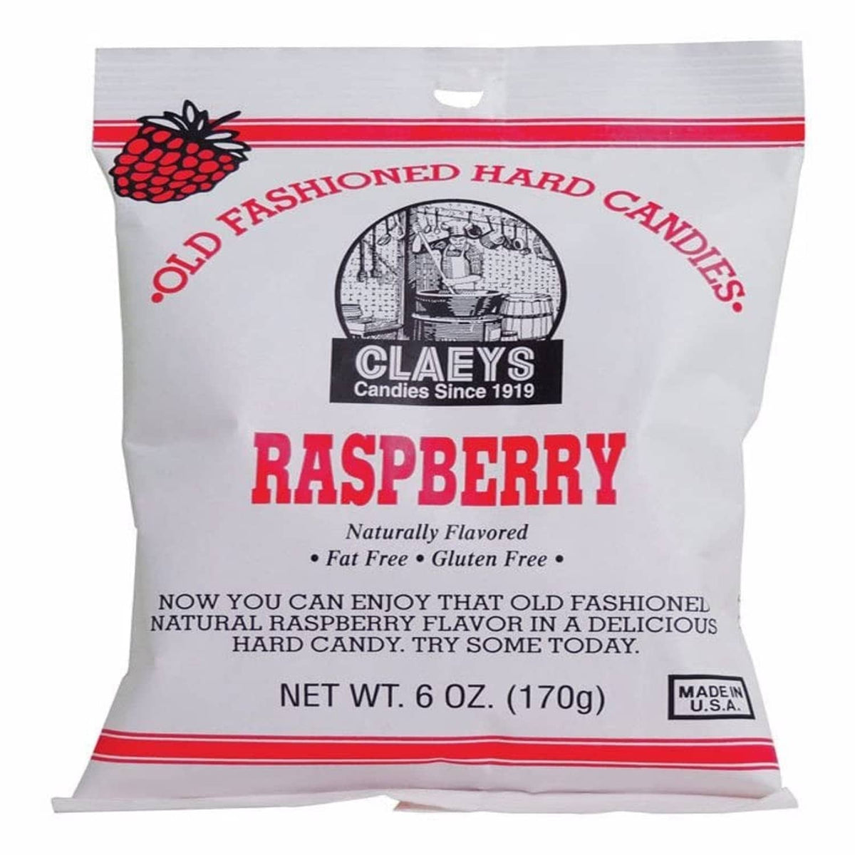 Raspberry hard candy bag, CLAEYS, 6 oz, front label with fruit icon