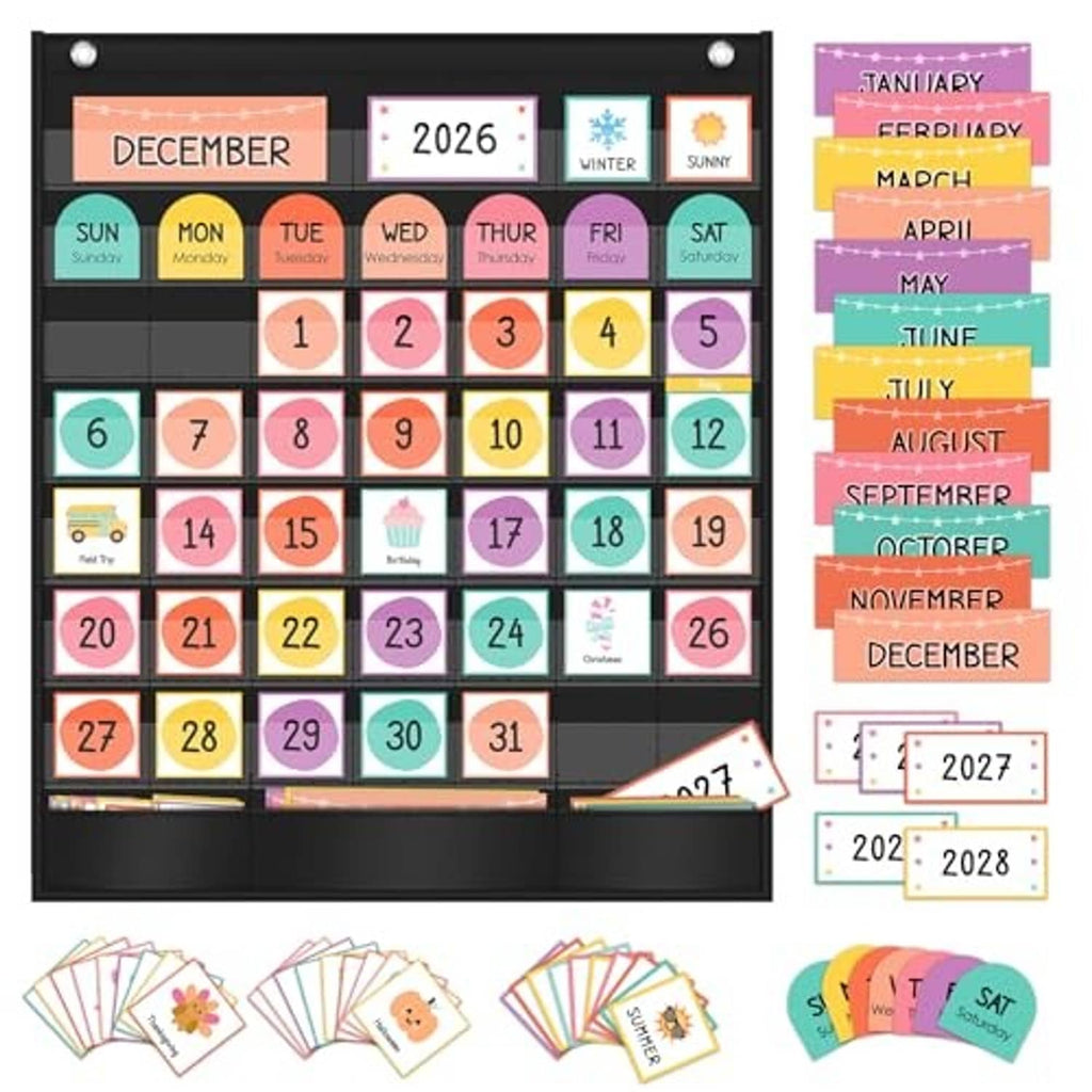 Educational calendar pocket chart with colorful date squares and side month cards, black frame