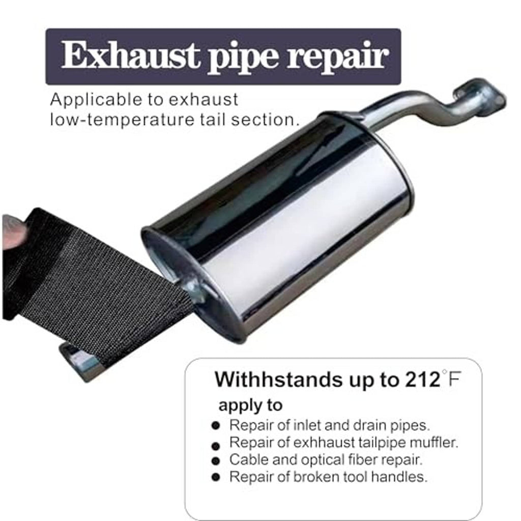 Black exhaust pipe repair wrap strip being applied to a chrome muffler tail section.