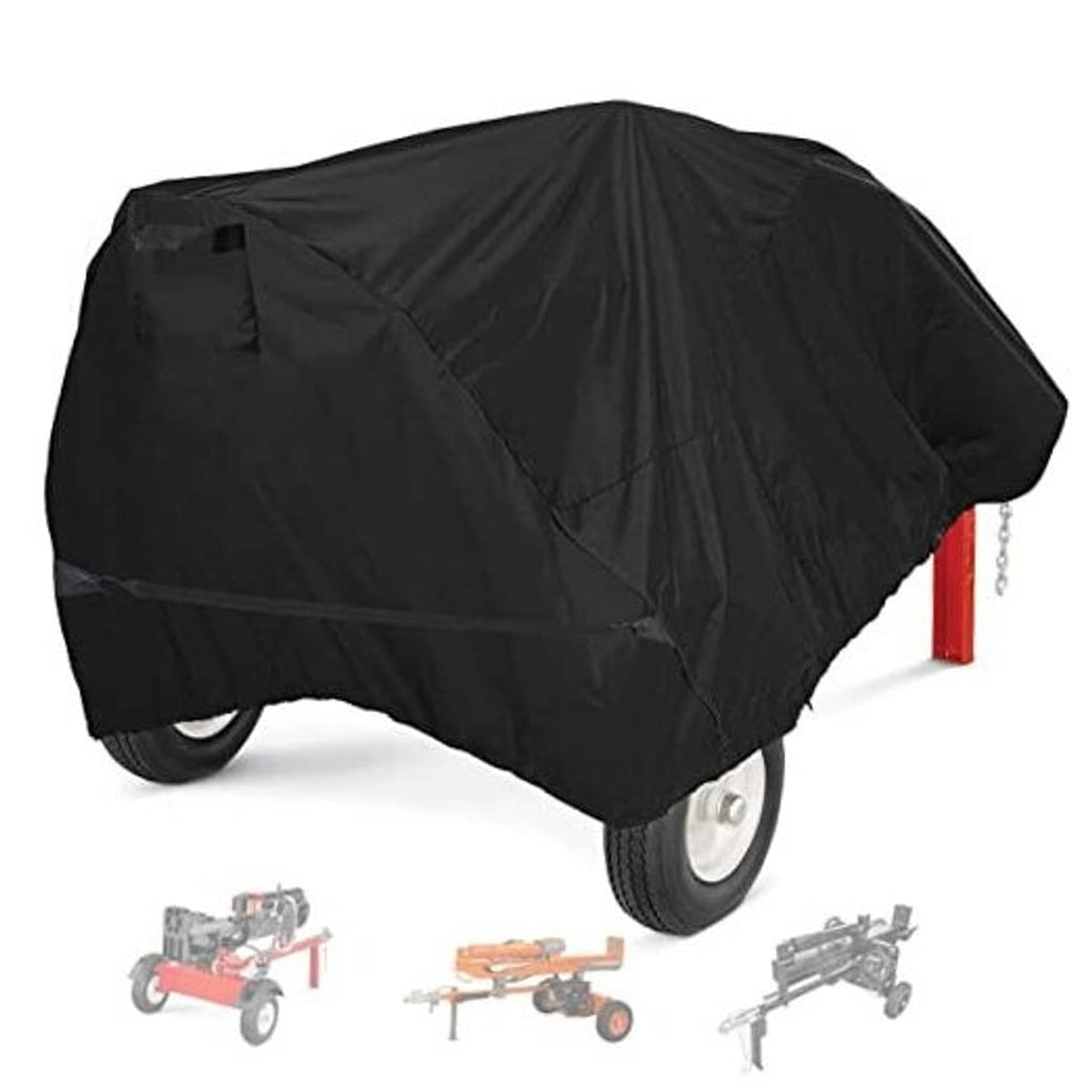 Black waterproof log splitter cover with elasticized hem and fitted wheel openings