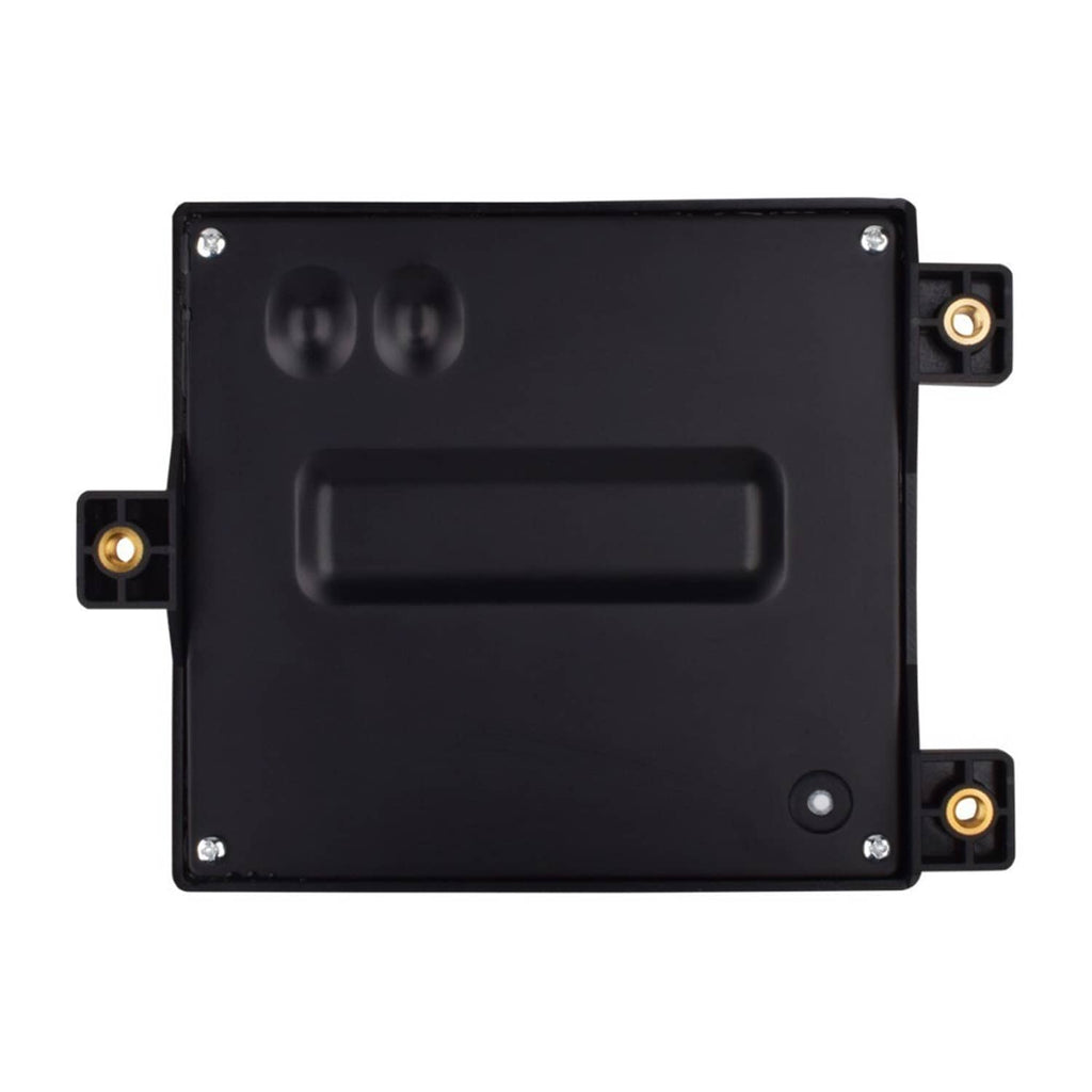 Black rear view of fuel pump control module with mounting brackets and screw hardware