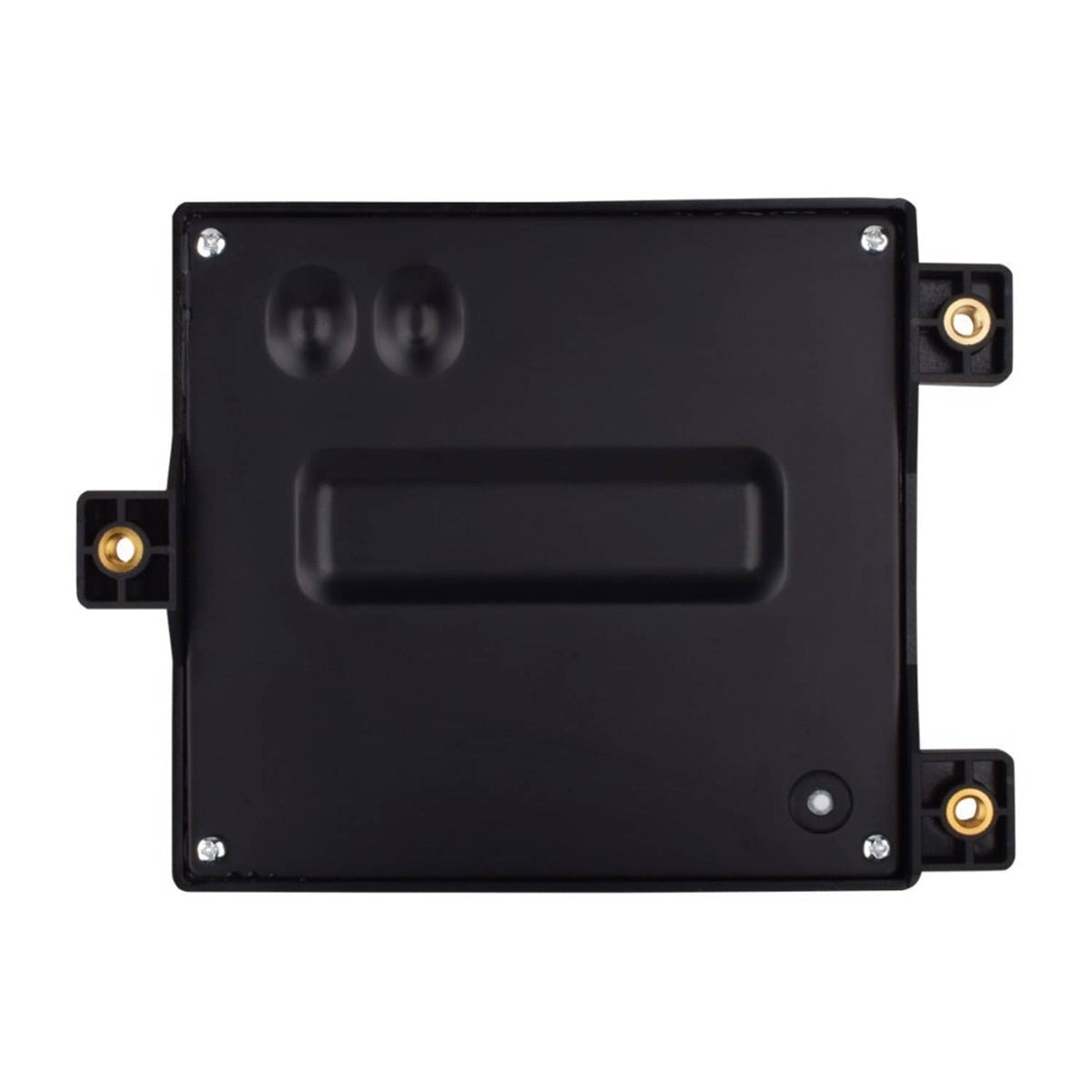 Black rear view of fuel pump control module with mounting brackets and screw hardware