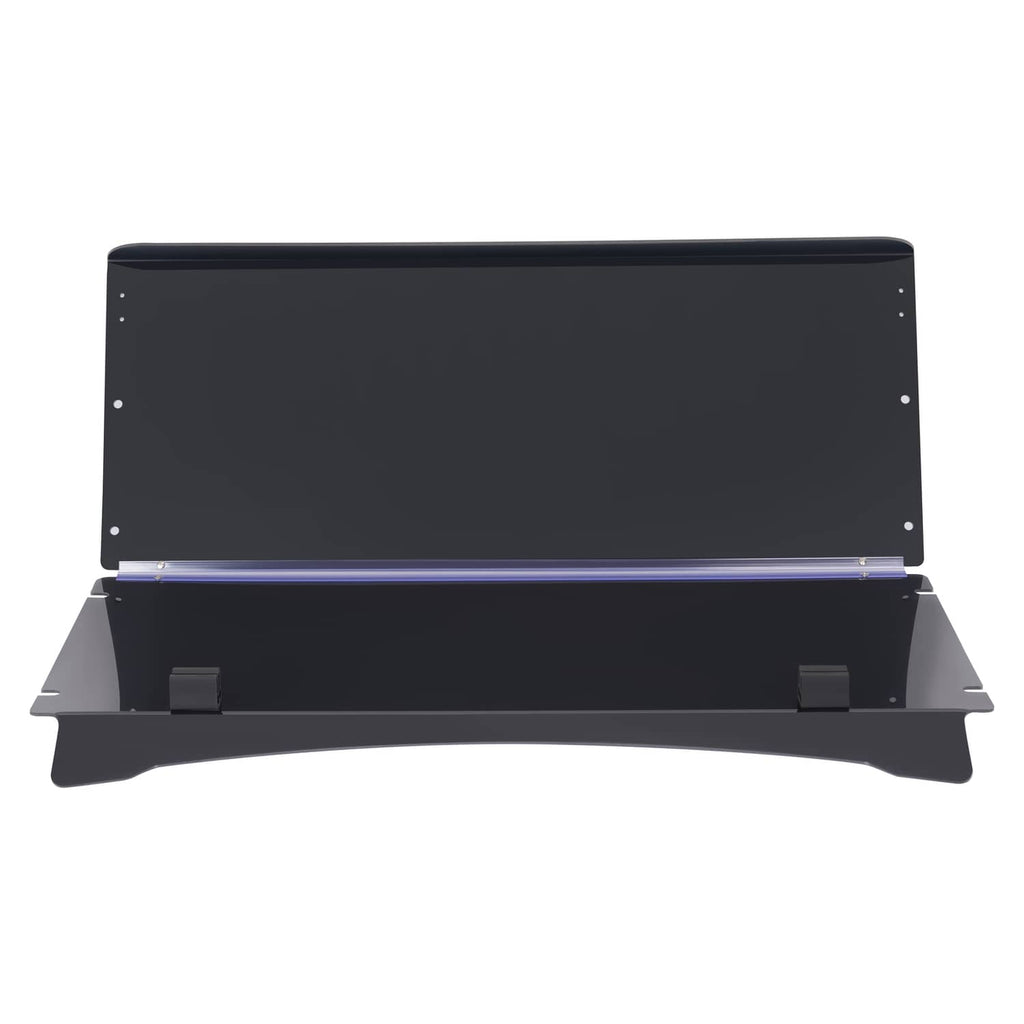 Tinted fold-down flip windscreen panel shown open, dark shield with corner mounts