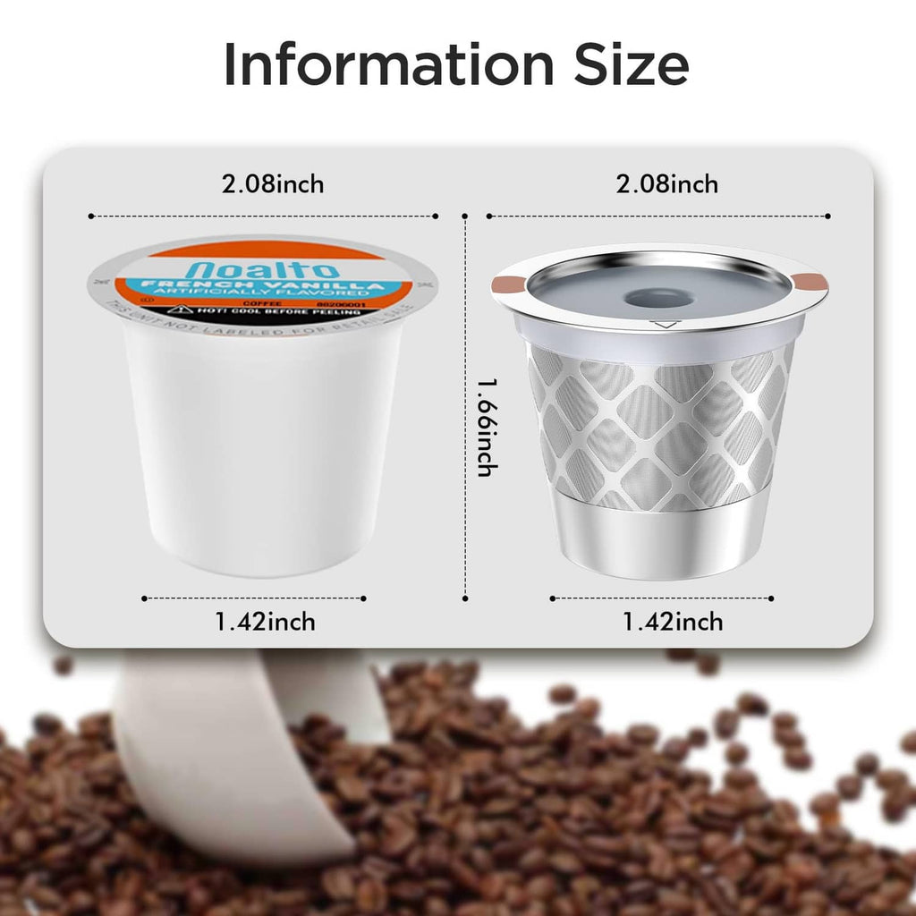 Silver reusable coffee filter cup with gray lid and diamond mesh, size view