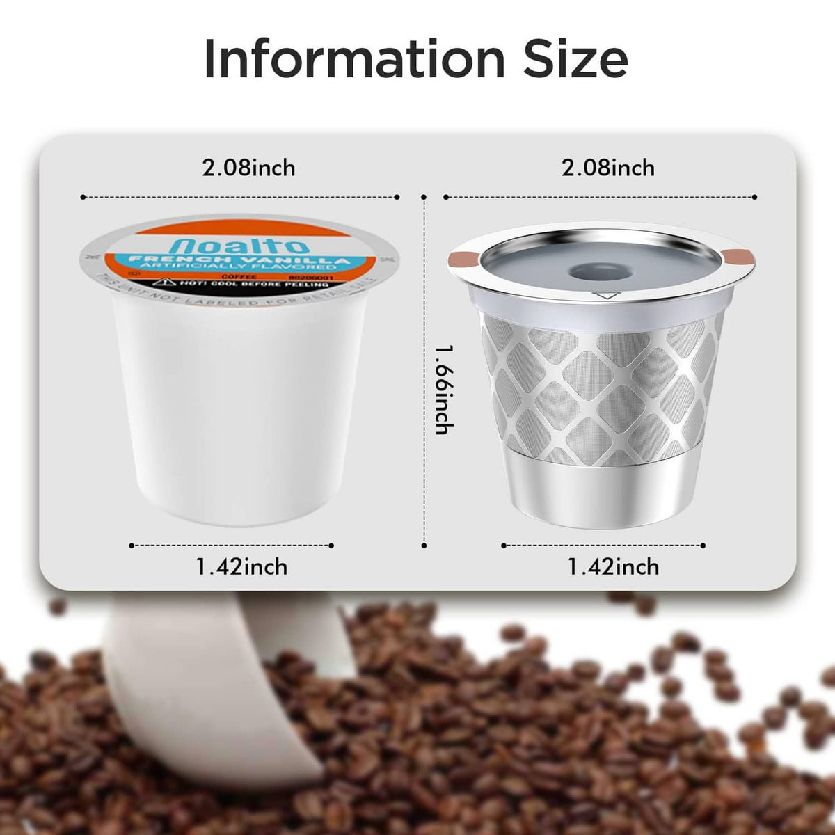 Silver reusable coffee filter cup with gray lid and diamond mesh, size view