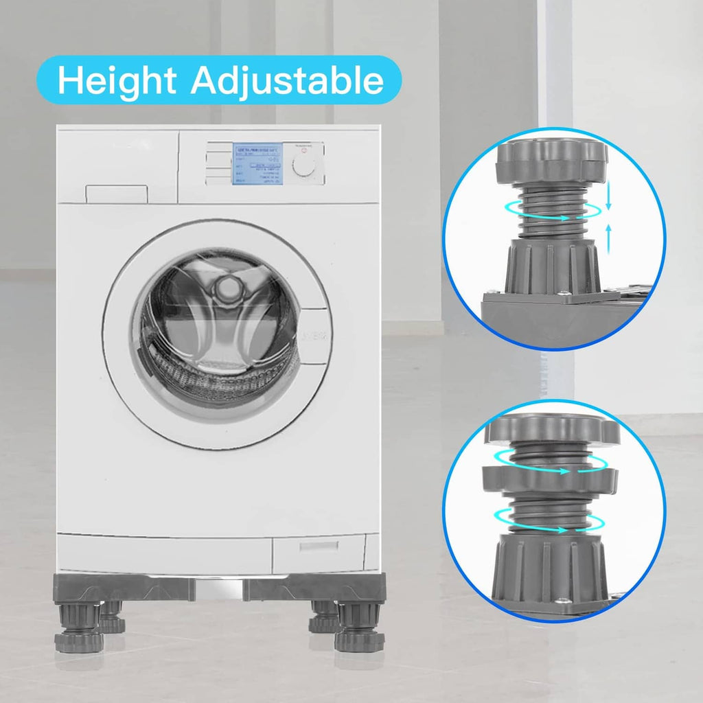 Height-adjustable mini fridge stand legs with close-up of locking mechanism