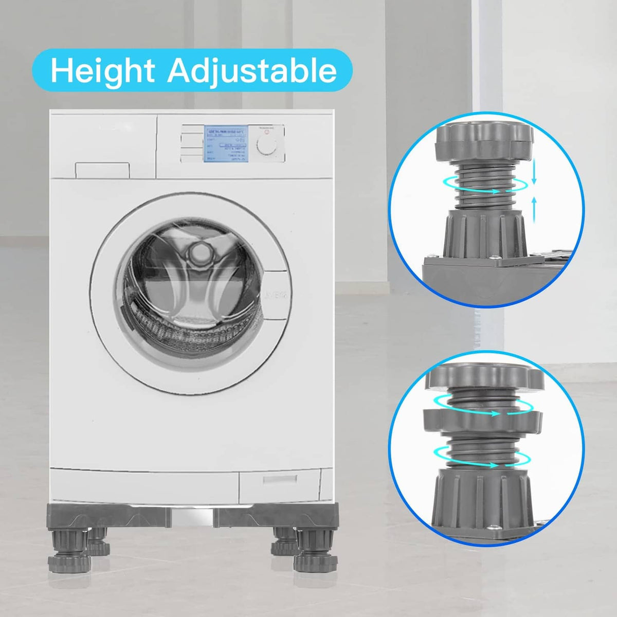 Height-adjustable mini fridge stand legs with close-up of locking mechanism