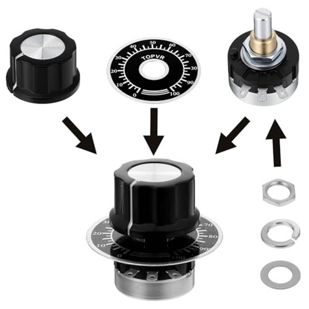 Rotary potentiometer with black knob, silver top, and metal mounting pins