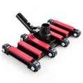 Pool vacuum head with red bristle strips, black wheels and connector collar