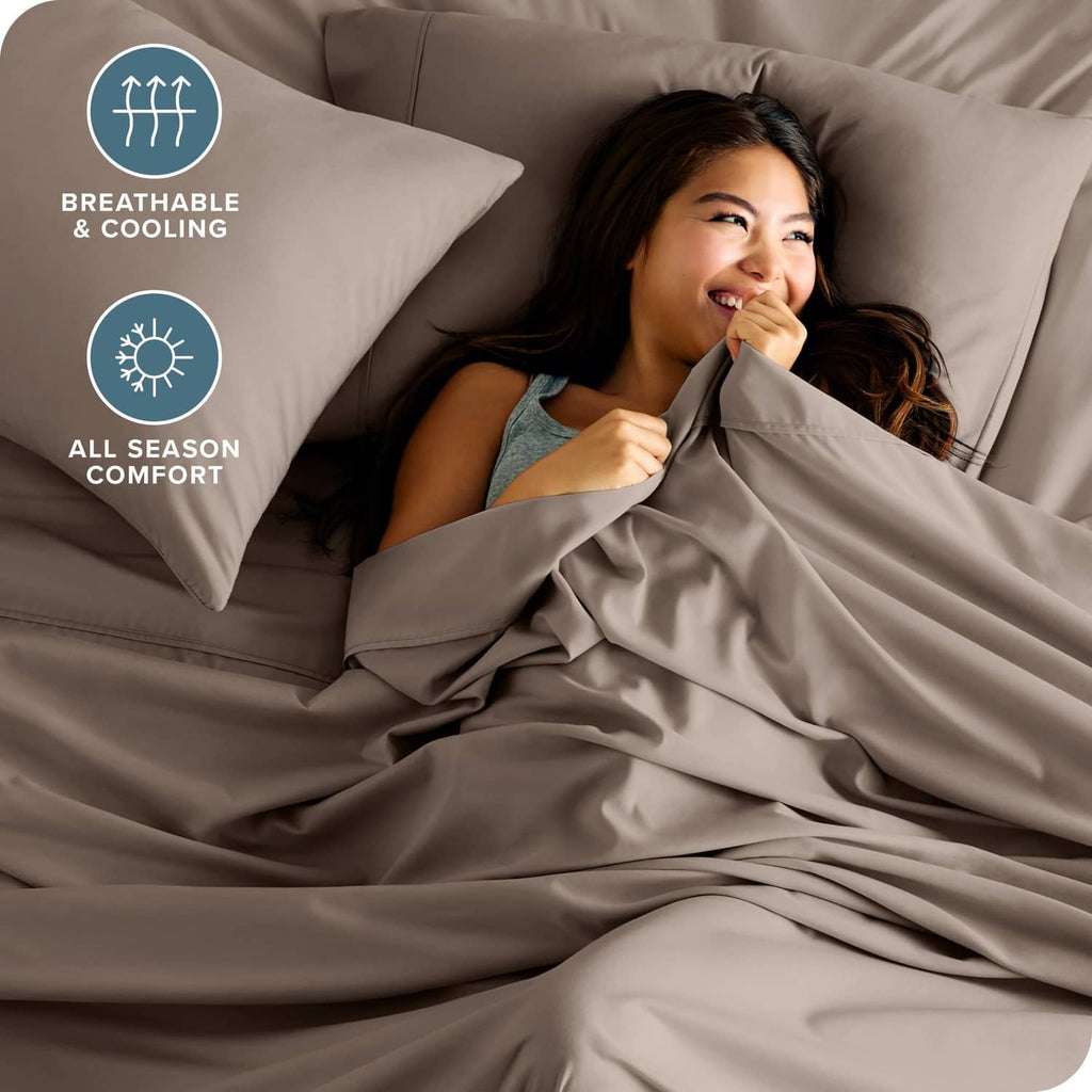Taupe microfiber sheet set with breathable cooling comfort, all-season comfort icons.