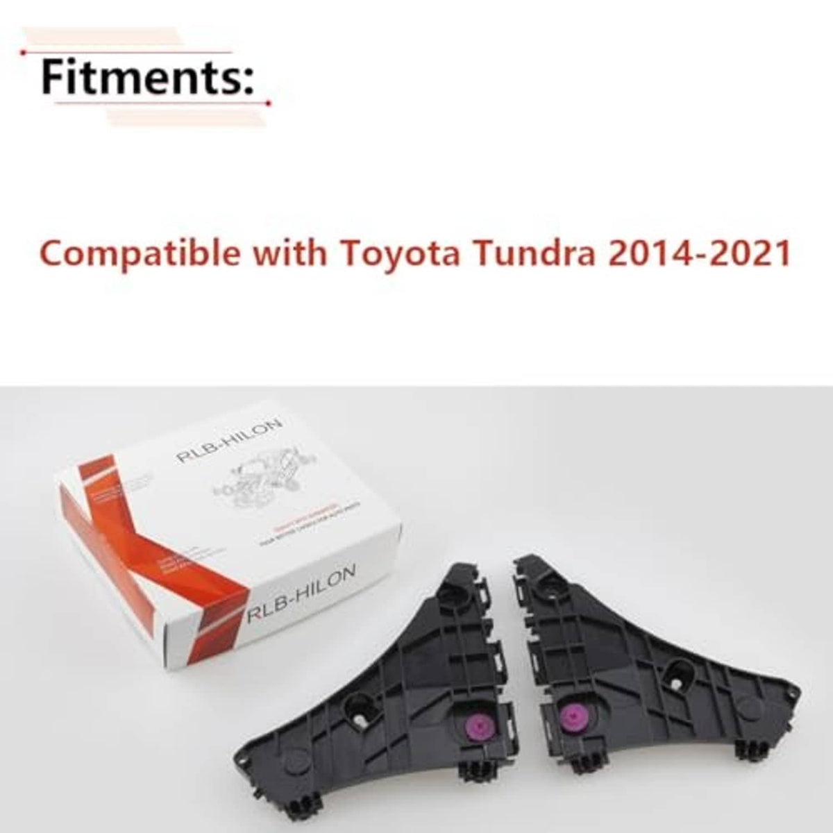 Set of black front bumper brackets with pink clip fasteners and mounting hardware