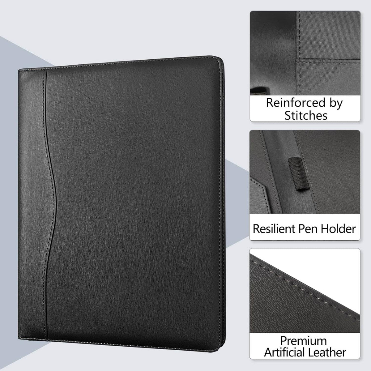 Black faux-leather padfolio with reinforced stitching and built-in pen holder