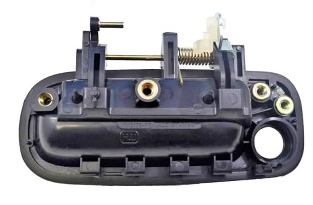 Interior view of smooth black exterior door handle base with screw mounts and latch