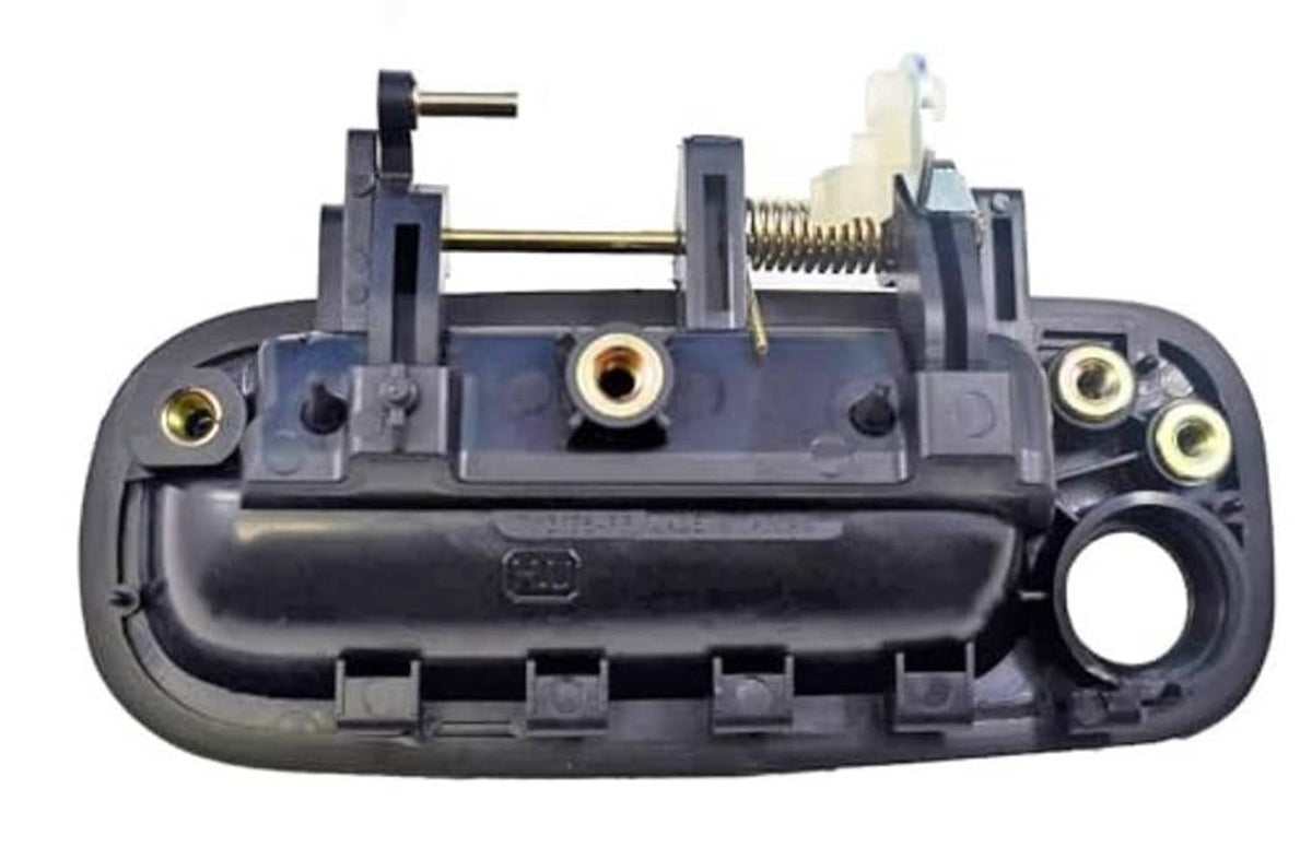 Interior view of smooth black exterior door handle base with screw mounts and latch