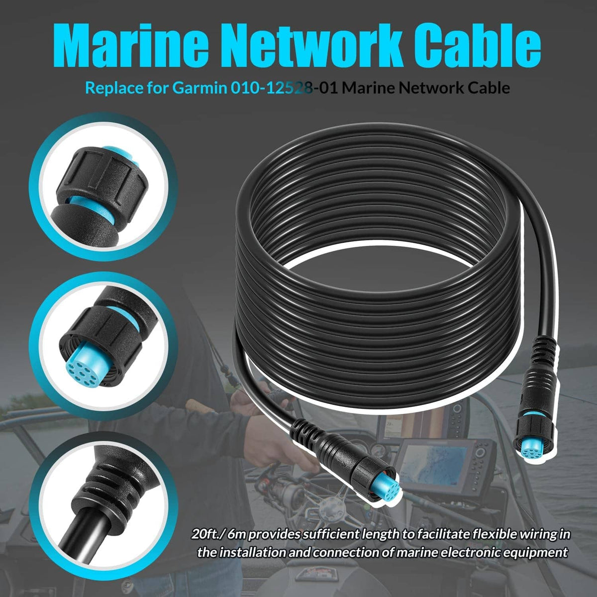 Marine network cable coil with two small connectors, black cable and blue connector heads