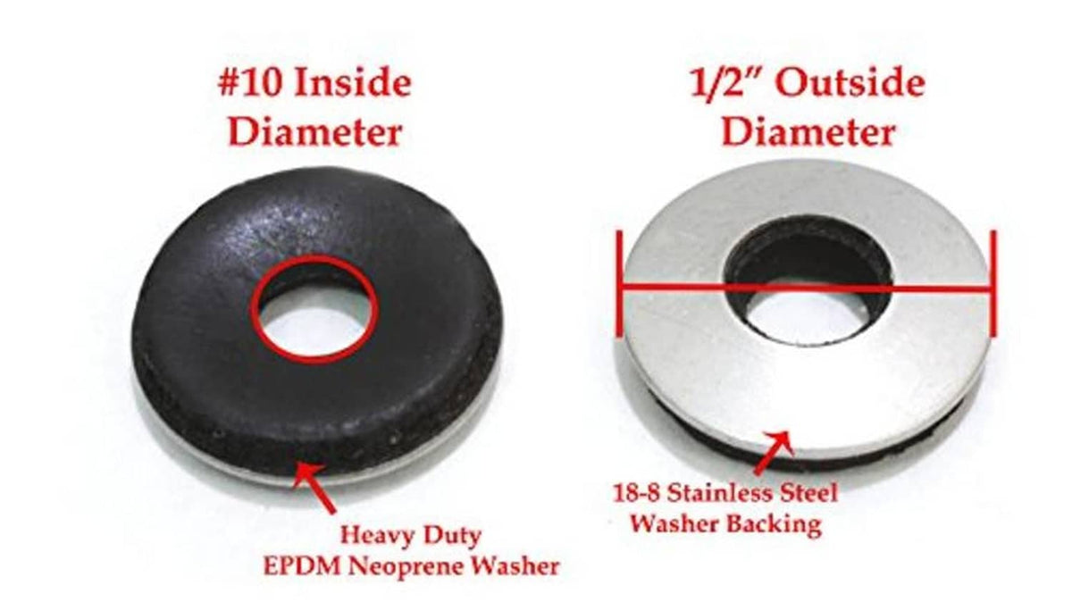 EPDM rubber grommet-style washers with stainless steel backing, two sizes shown