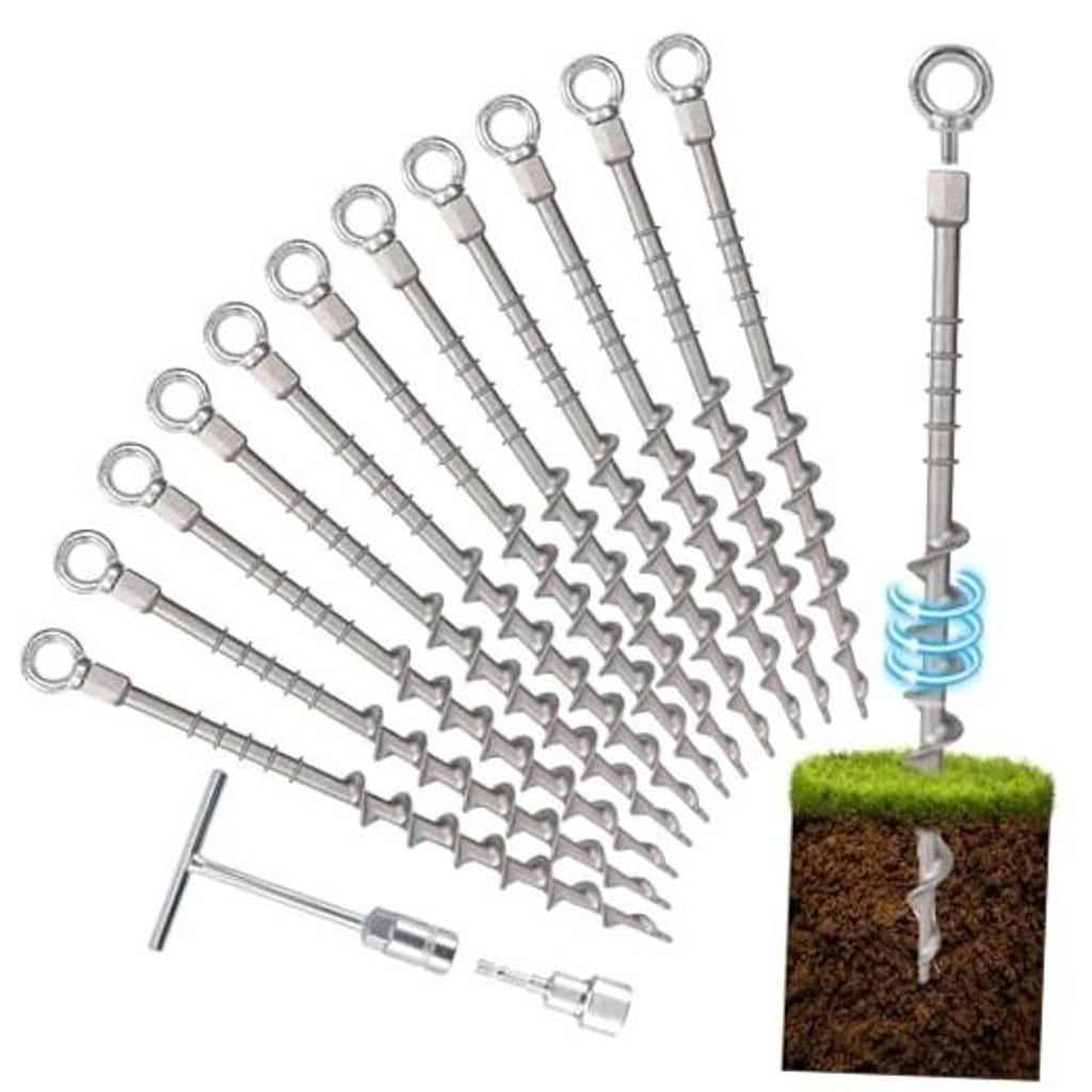 12 pack 14in screw-in ground anchors with metal eyelets and spiral tips, shown installed in soil