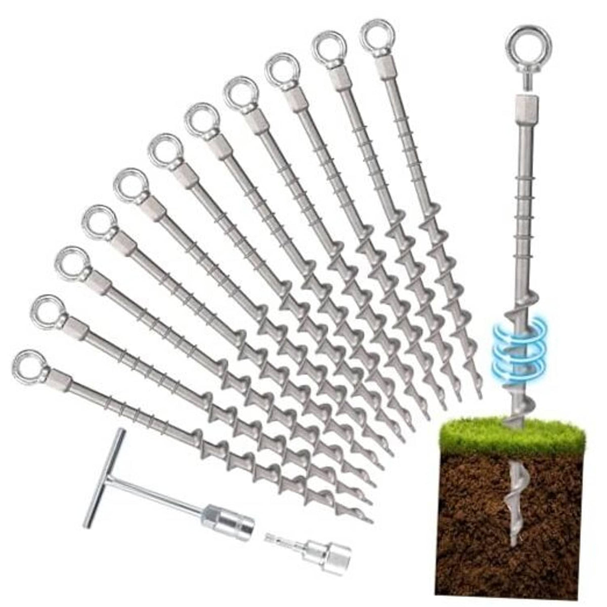 12 pack 14in screw-in ground anchors with metal eyelets and spiral tips, shown installed in soil
