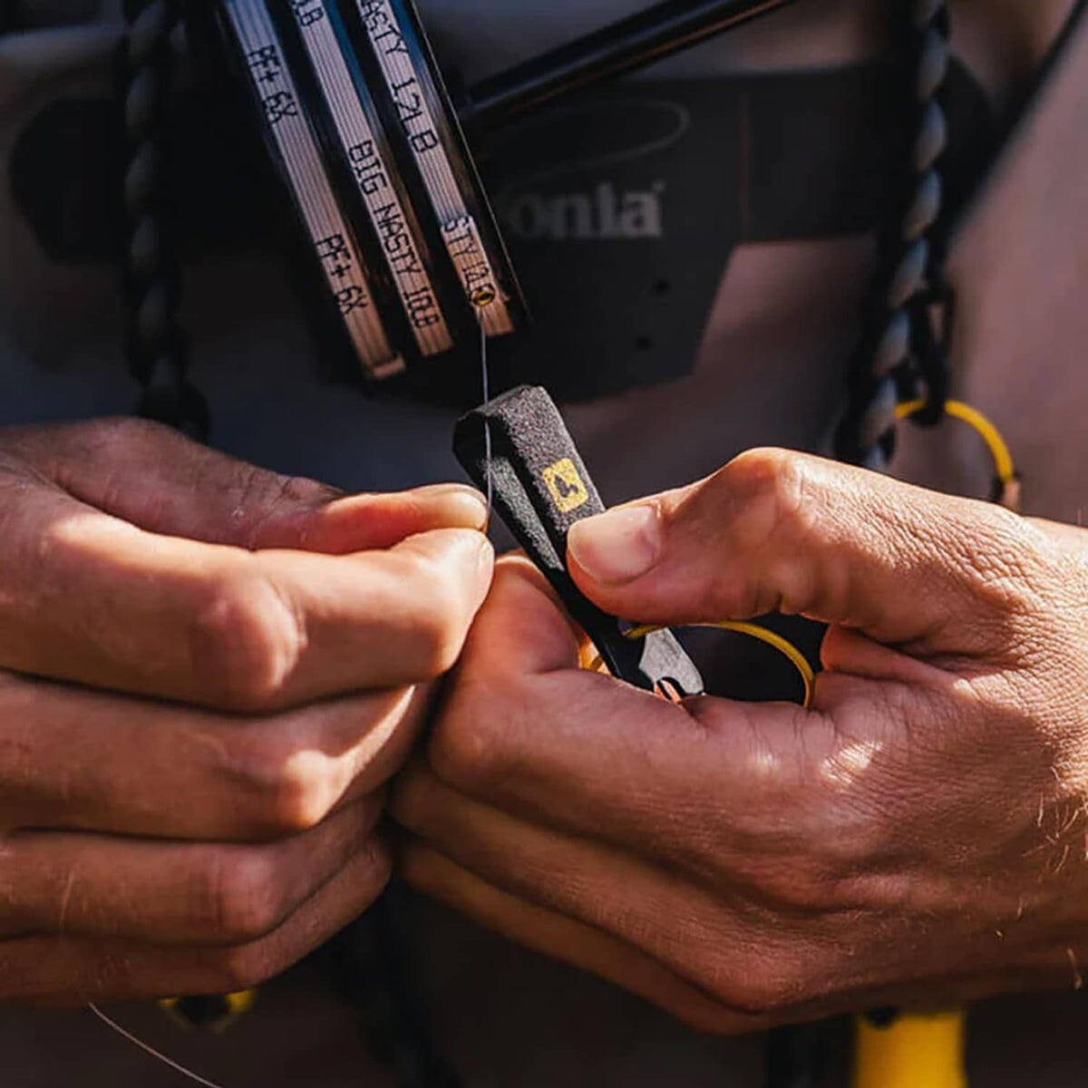 Loon Outdoors wire nippers with black comfy grip and yellow cord loop