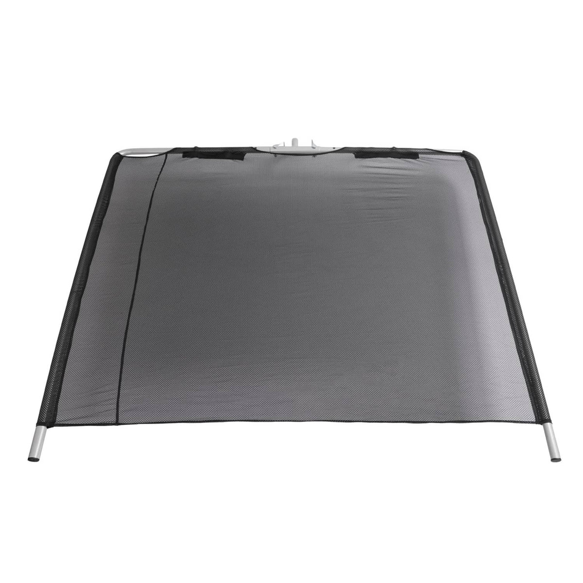 Dark gray boat sun shade canopy stretched over aluminum frame with angled supports
