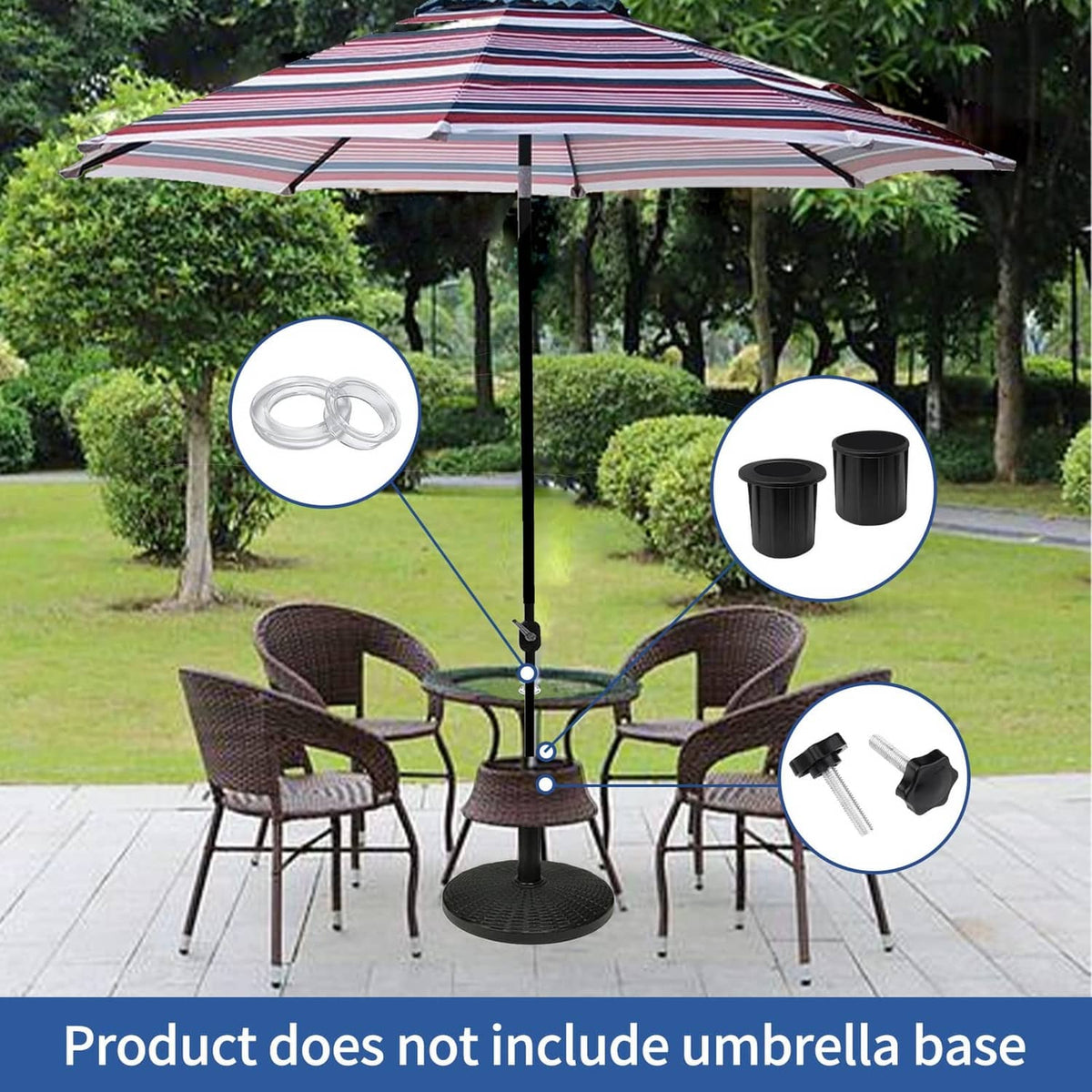 Umbrella replacement set with clear silicone rings and black base sleeves and screw knob