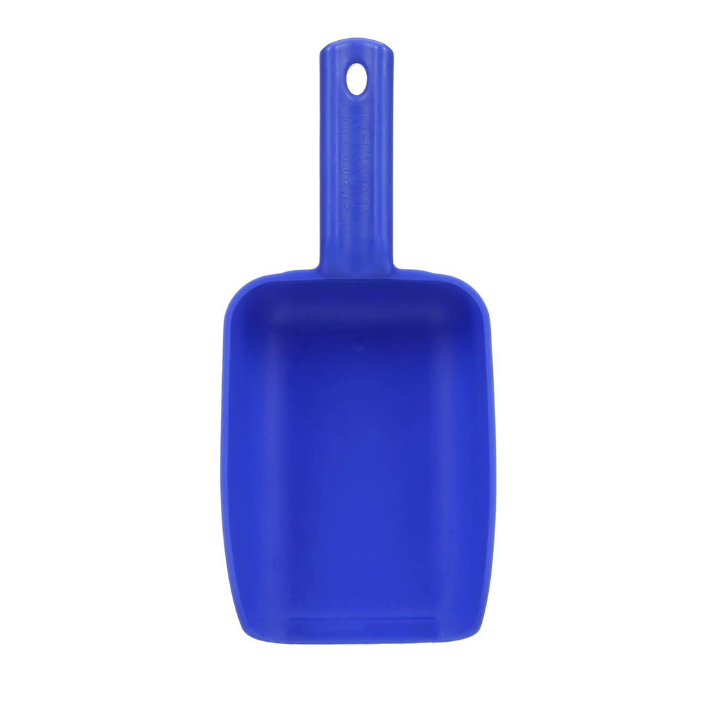 Blue plastic 32 oz scoop with hanging loop handle and square bowl