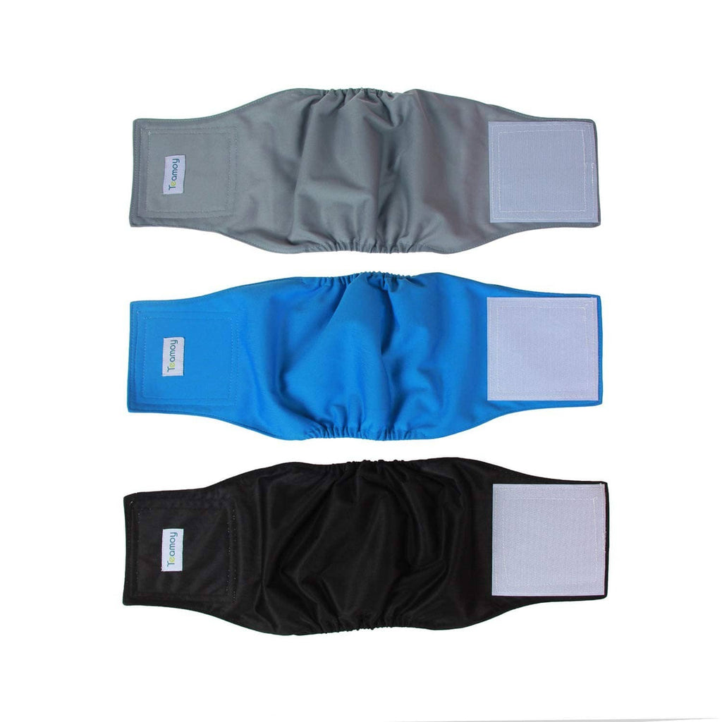 Reusable male dog wrap belly bands, 3-pack in gray, blue, and black