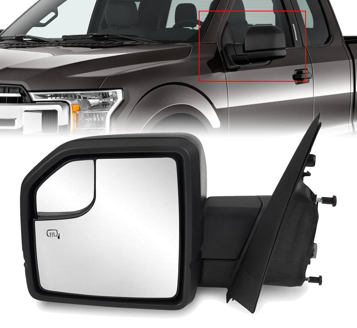 Heated passenger side mirror with dark housing and clear white reflective glass, replacement