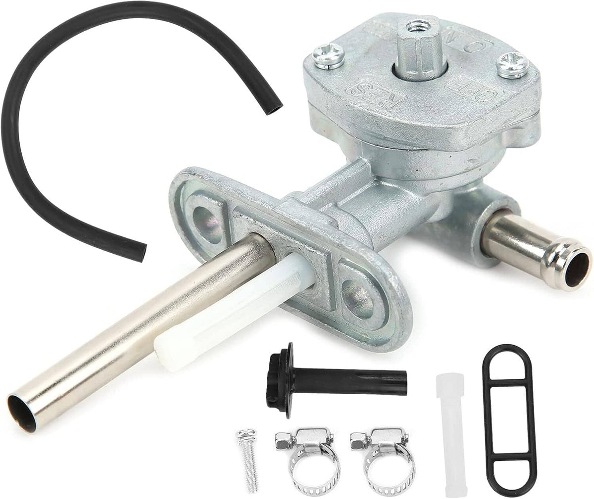 Fuel tank petcock valve assembly with metal lever, hose line, and mounting parts