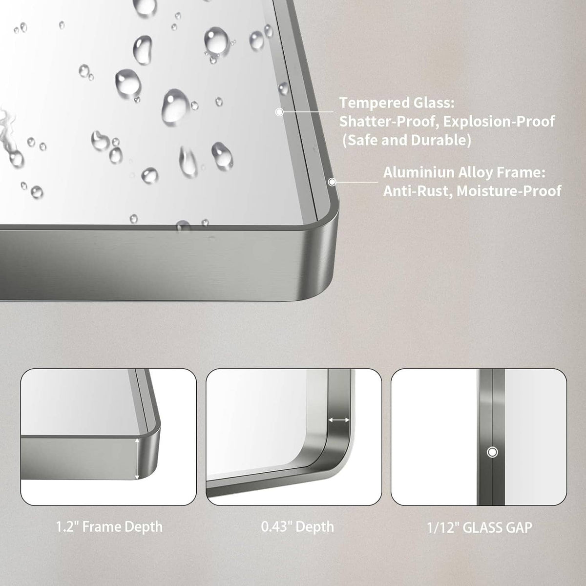 Tempered glass bathroom mirror with brushed nickel aluminum alloy frame and protective sealed edges