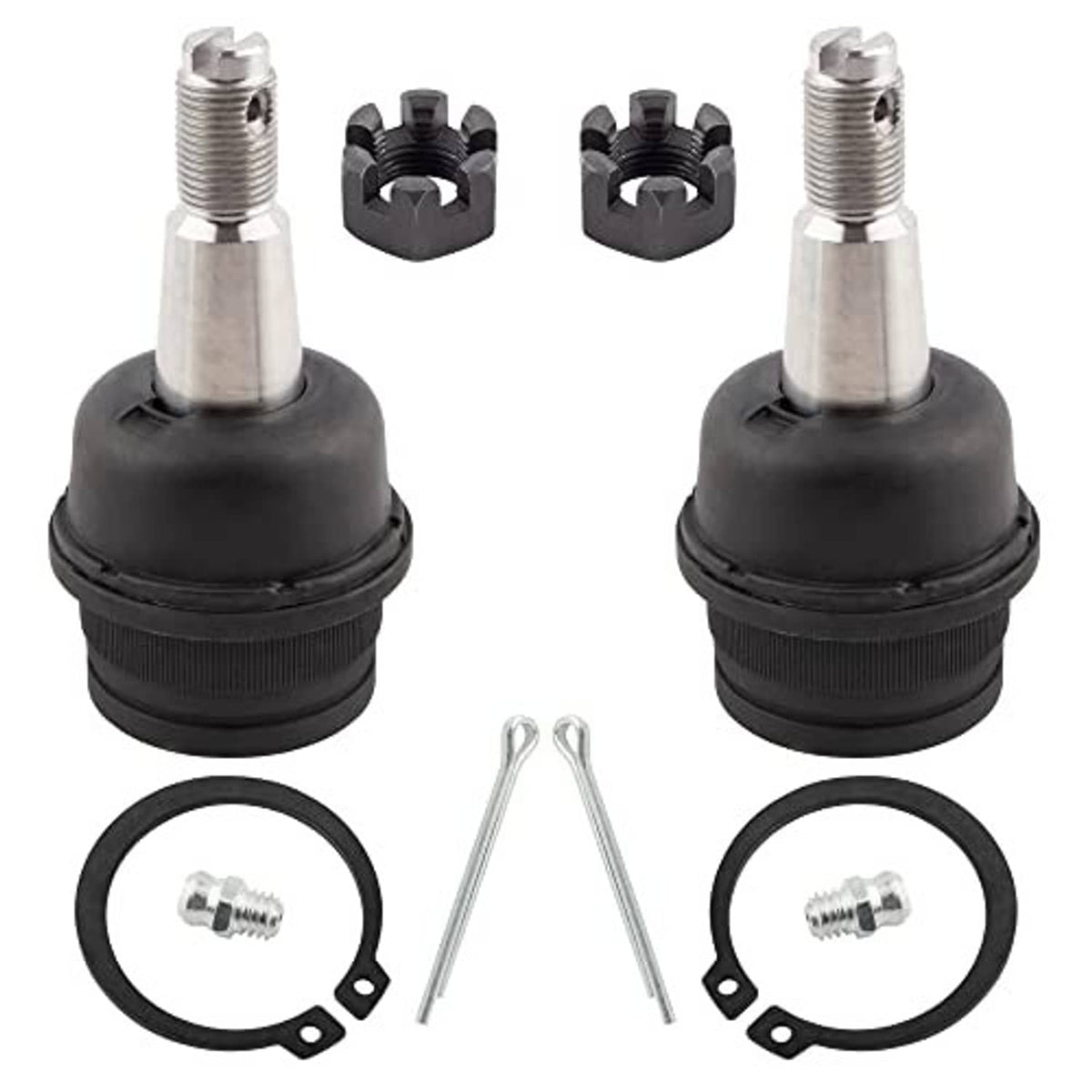 Two ball joint boots with threaded studs, plus metal pins and snap rings