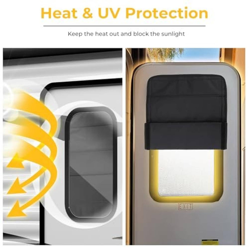 Black foldable window shade covering an RV door window opening