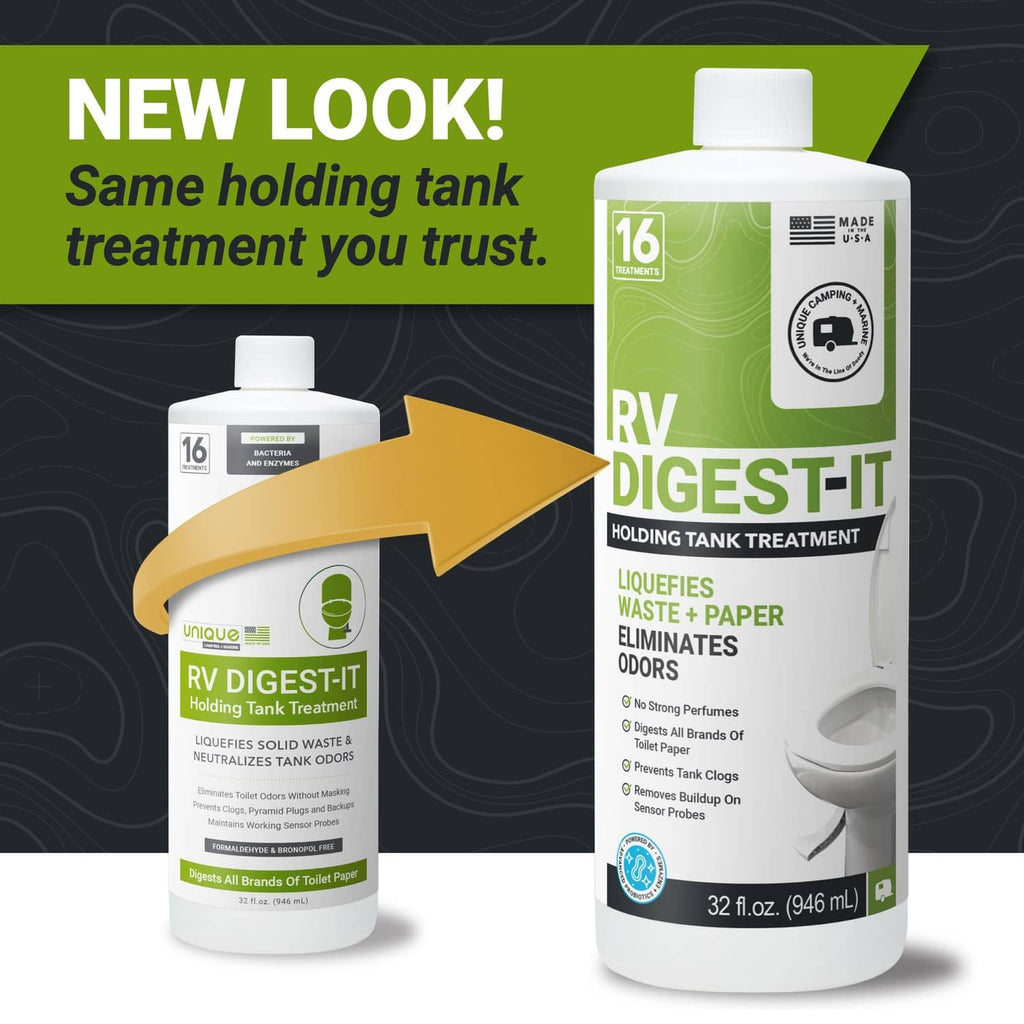 RV holding tank treatment bottles, one large and one smaller with green “Digest-It” labels