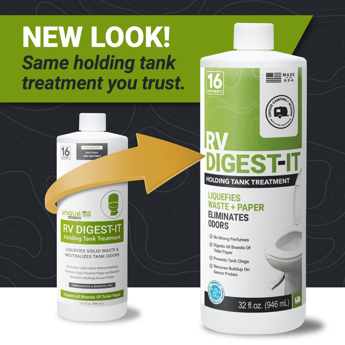 RV holding tank treatment bottles, one large and one smaller with green “Digest-It” labels
