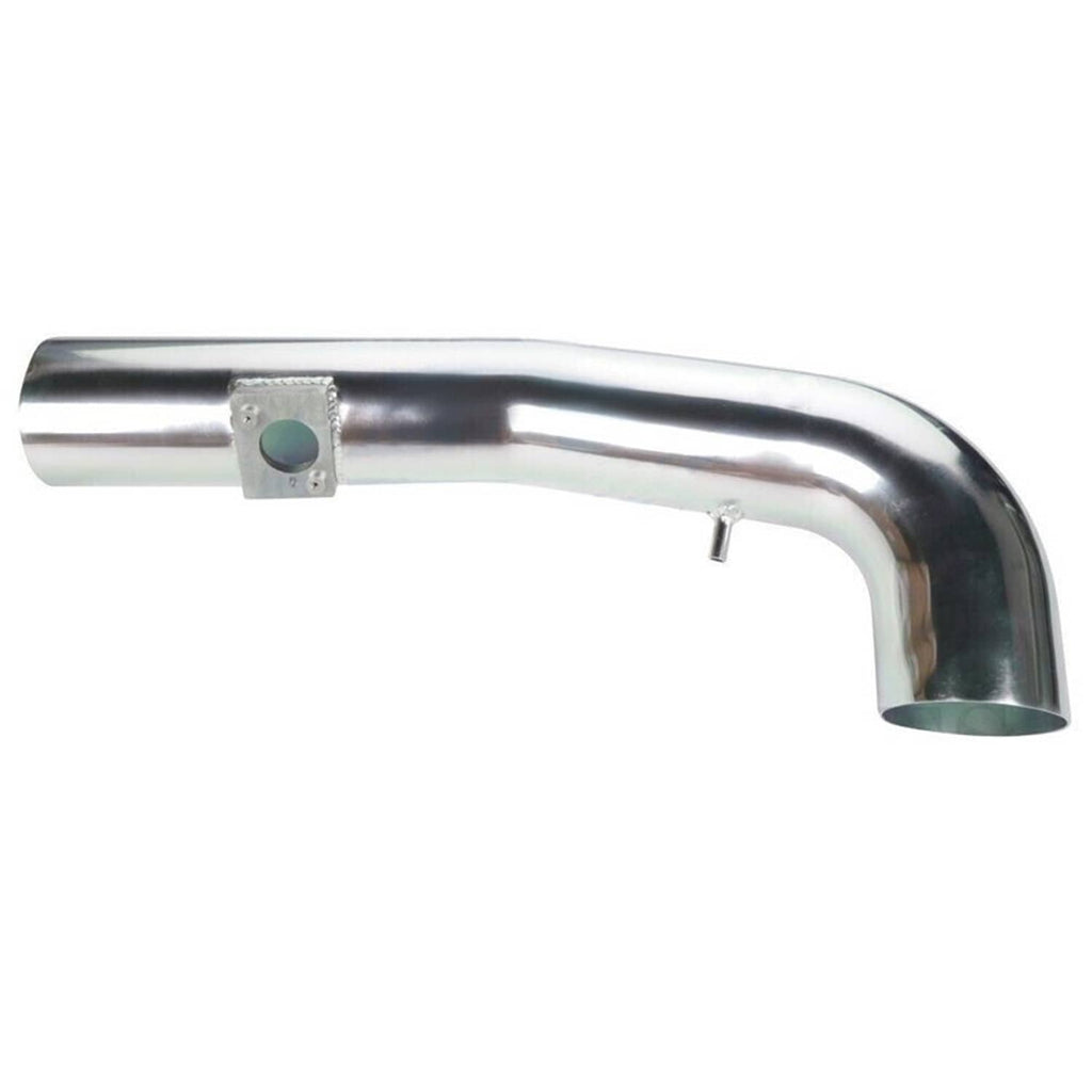 Polished metal intake tube with mounting tab and L-shaped bend