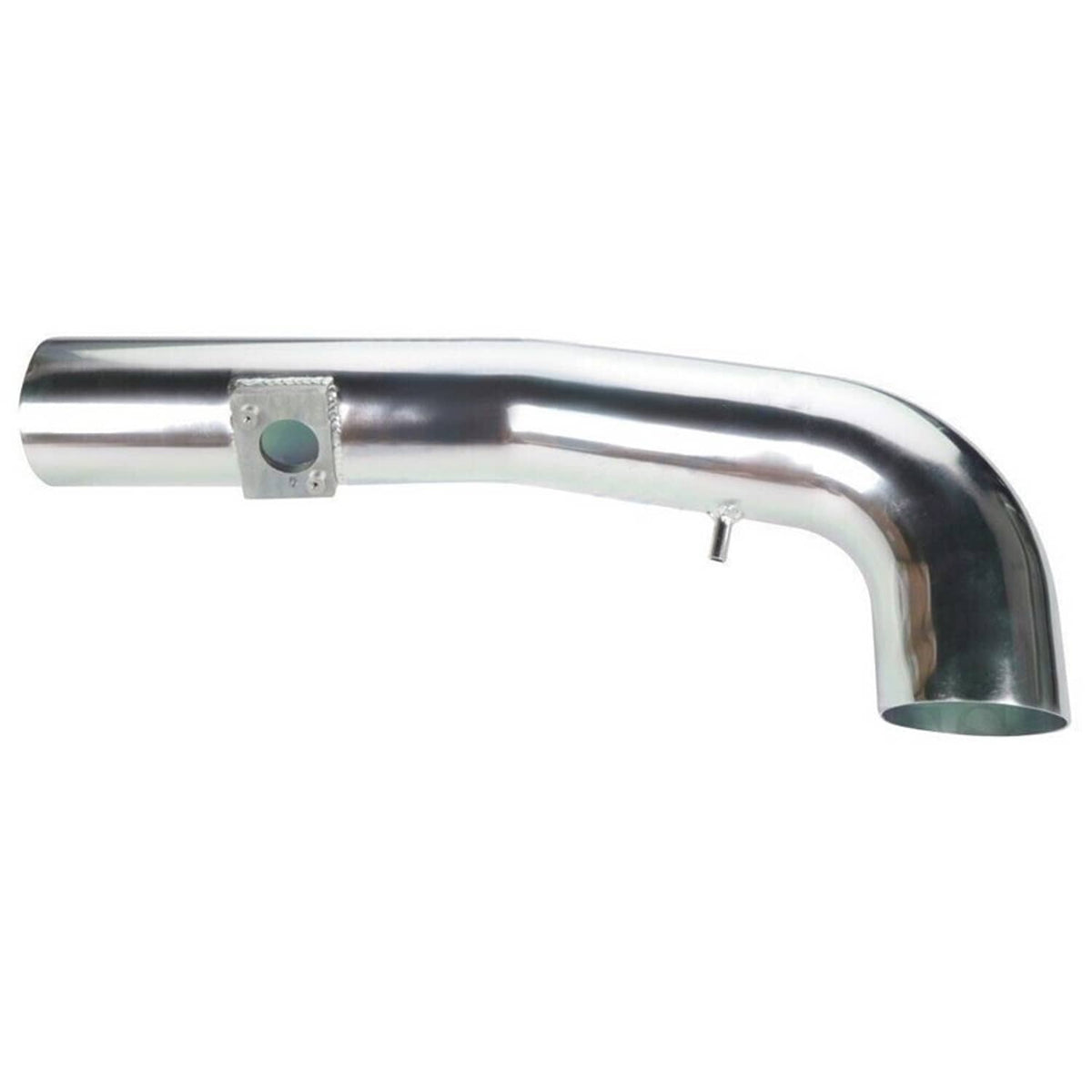 Polished metal intake tube with mounting tab and L-shaped bend
