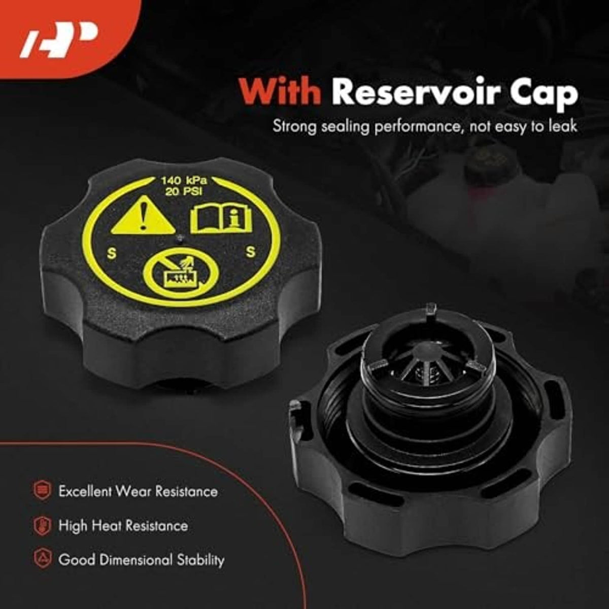 Reservoir cap and coolant recovery overflow reservoir tank, black cap with yellow markings