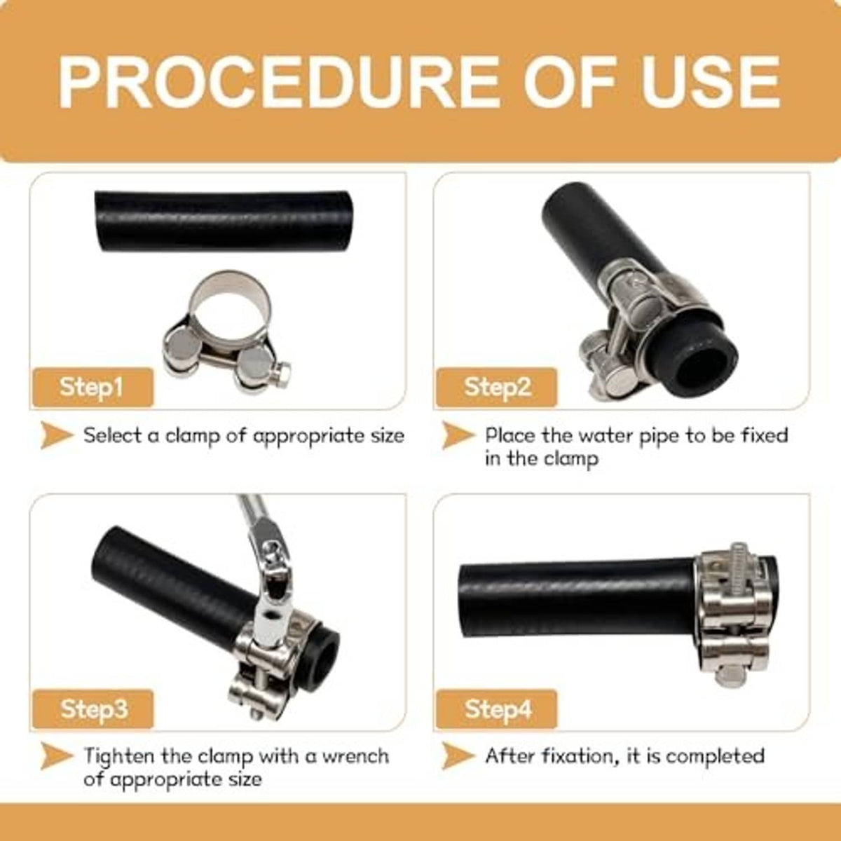 T-bolt hose clamp installation procedure graphic with four steps